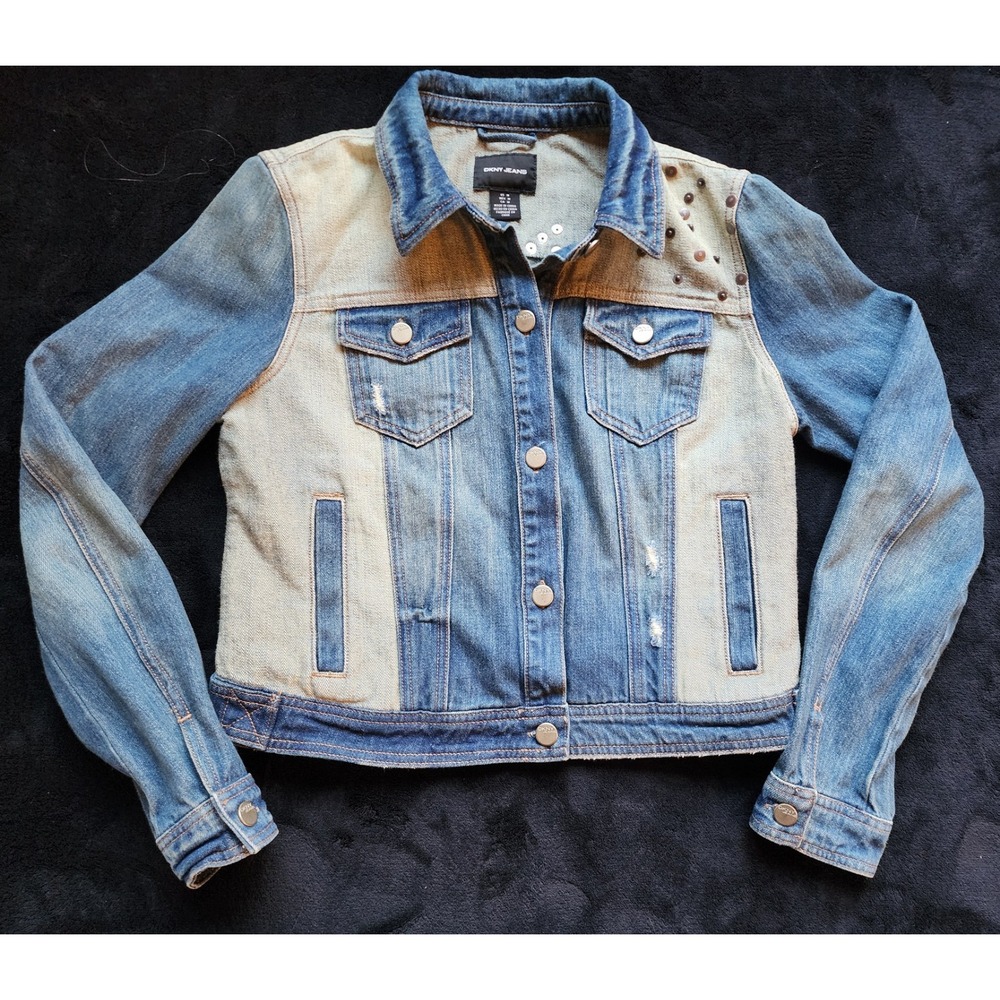 DKNY Jeans Two Tone Studded Jean Jacket Womens Medium Blue Y2K Denim